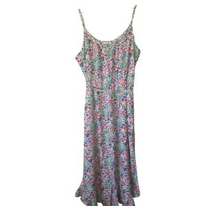 J.Crew Sz 6 Floral Spaghetti Strap Pink Green Floral Dress Ruffle Midi Cottage